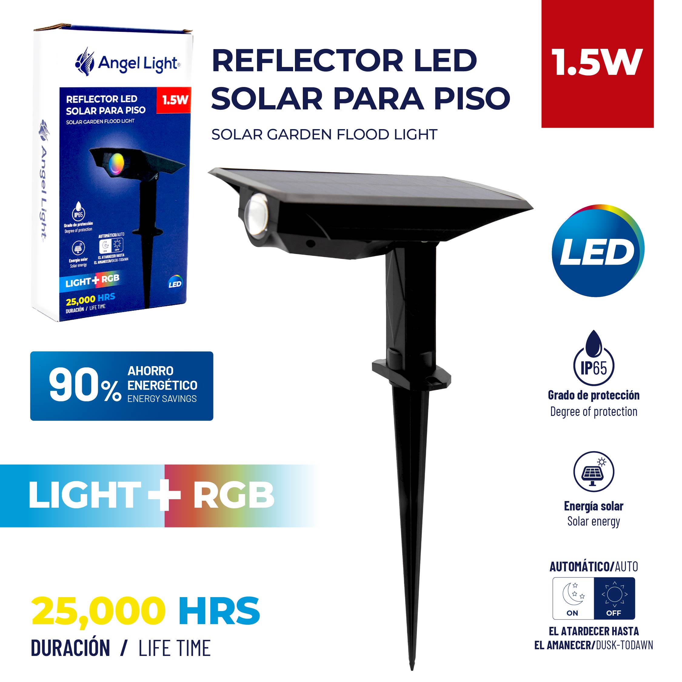 Reflector LED Solar para Jardín Angel Light 1.5W RGB con Panel Solar IP65 AL-SGL-RGB