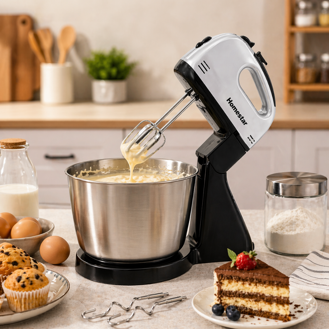 (LLEGANDO 5 DE MAYO) Batidora de Mano con Bowl Eléctrica 7 Velocidades 100W Homestar HM-610B-S