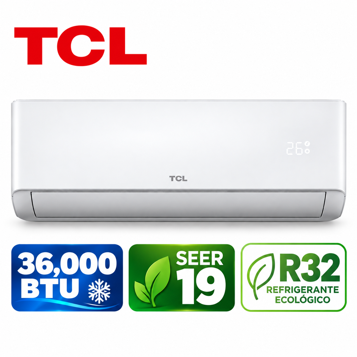 Aire Acondicionado Split TCL Inverter de 36,000 BTU, SEER 19, Gas Refrigerante R32, Alta Eficiencia Energética y Enfriamiento de Gran Capacidad TAC-36CSDIXZ19I