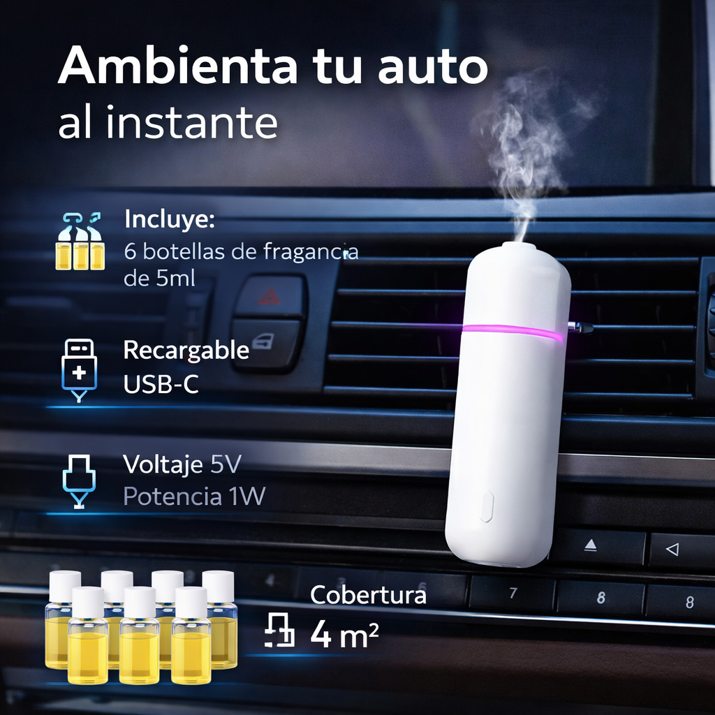 Difusor de Aromas de Aceites Esenciales para Carro Recargable Cobertura 4m2 Blanco A807-V2.0