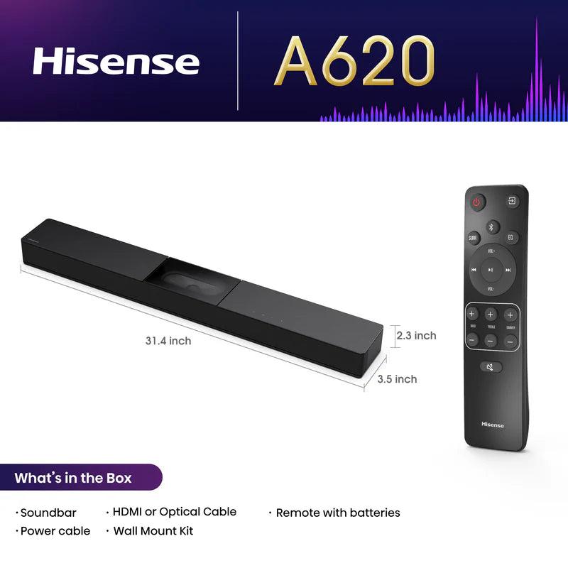 Barra de Sonido Todo en Uno 2.1 Canales con Subwoofer 240W Dolby Digital Bluetooth Hisense A620