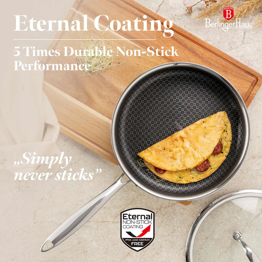 (LLEGANDO 16 DE ENERO) Sartén Hondo de Acero Inoxidable con Tapa de Vidrio 24cm Berlinger Haus