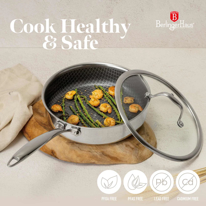 (LLEGANDO 16 DE ENERO) Sartén Hondo de Acero Inoxidable con Tapa de Vidrio 24cm Berlinger Haus