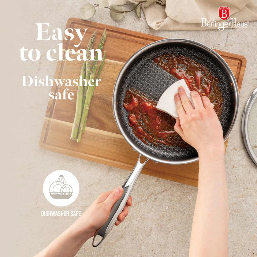 (LLEGANDO 16 DE ENERO) Sartén Hondo de Acero Inoxidable con Tapa de Vidrio 24cm Berlinger Haus