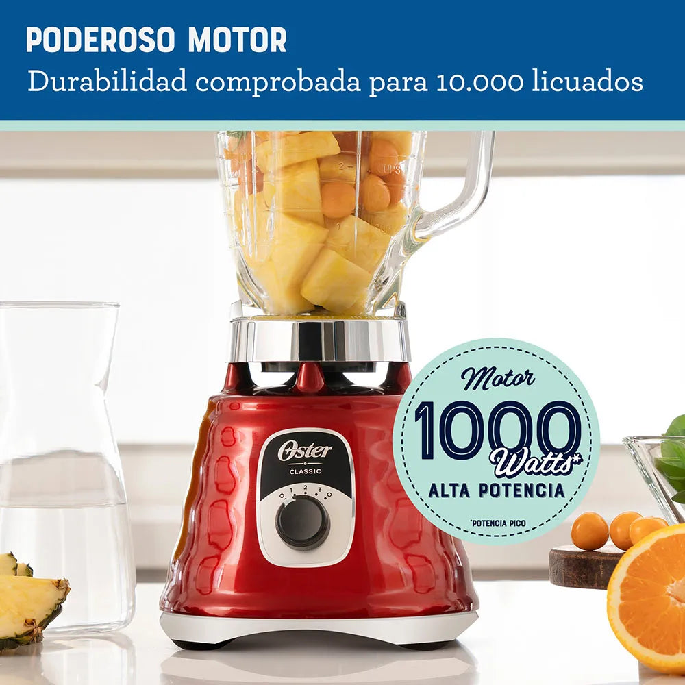 Licuadora Clásica Vaso de Vidrio 1.25L 1000W 3 Velocidades Rojo Oster BLST4126R
