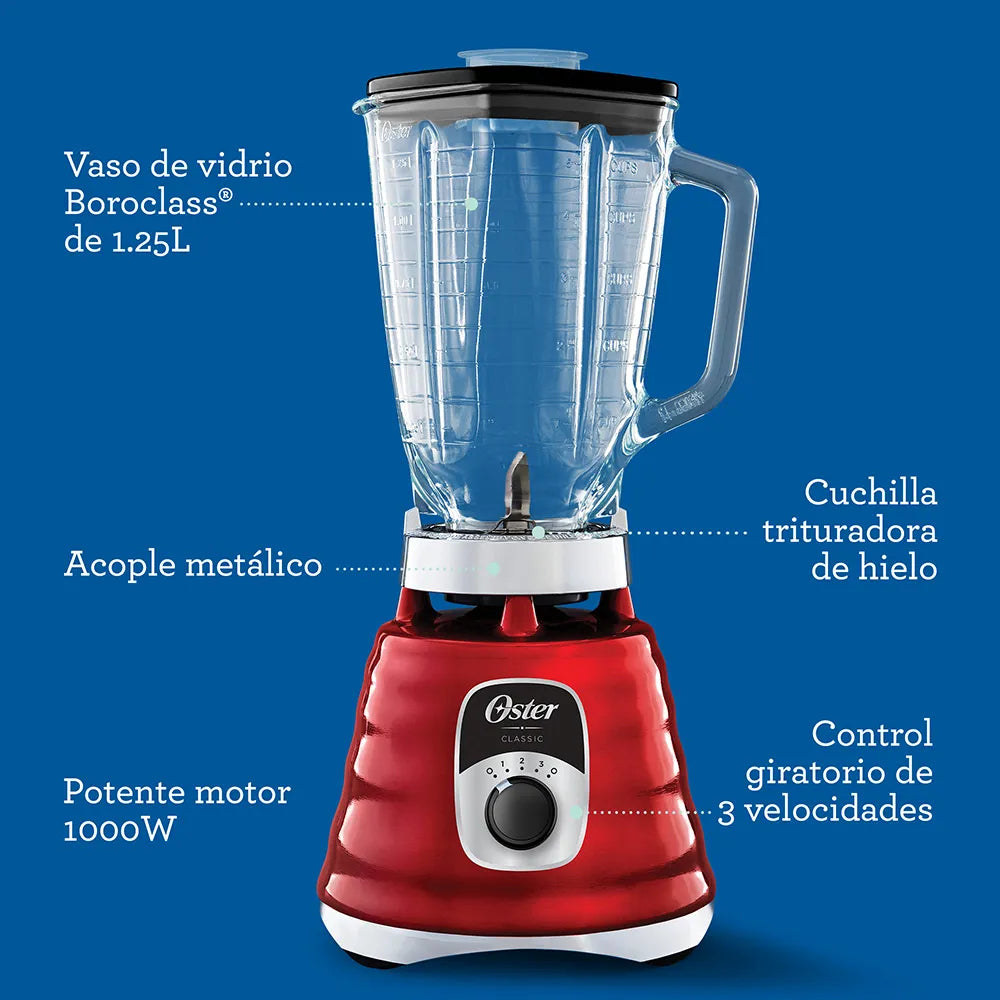Licuadora Clásica Vaso de Vidrio 1.25L 1000W 3 Velocidades Rojo Oster BLST4126R
