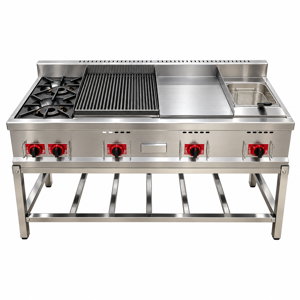 Equipo de Cocina Industrial 4 en 1 a Gas LP, Estufa de 2 Quemadores, Grill, Plancha y Freidora de 6 Litros, Acero Inoxidable – HGF-1500