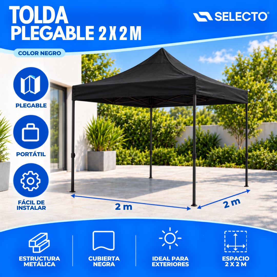 Tolda Carpa Plegable Gazebo 2x2 Metros Negra Portátil para Exteriores HS-PTJG-022BK