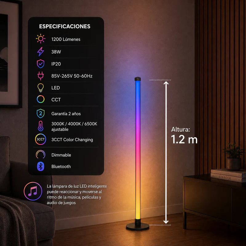 Lámpara De Pie LED RGB Inteligente De 38W 1200 Lúmenes. Barra De Luz Con Bluetooth Con Sincronización Música. Control App Y Remoto (1.2M) CL343-DI-375-BKRGB-Z
