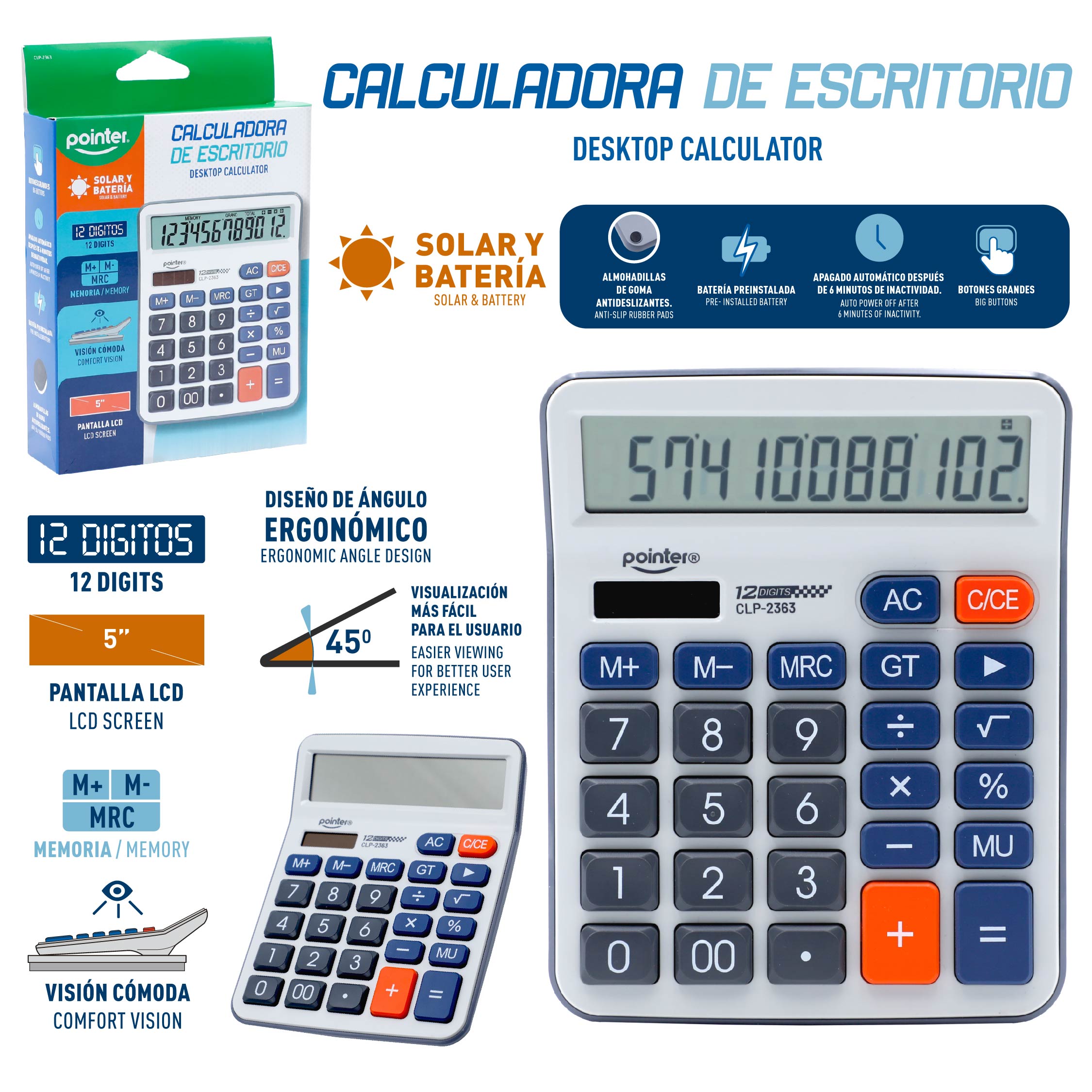 (LLEGANDO 5 DE MAYO) Calculadora Sumadora 12 Dígitos Solar y Batería Pointer CLP-2363