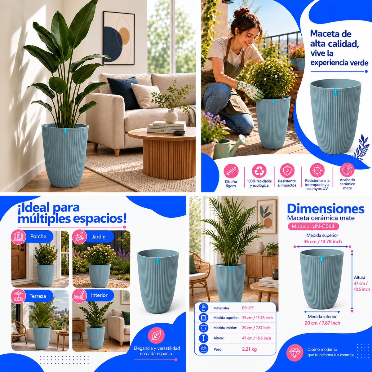 Maceta Alta Decorativa Gris Clara Con Acabado Cerámico Mate Para Interior Y Exterior D35*H47cm Resistente A Rayos UV. UN-C064