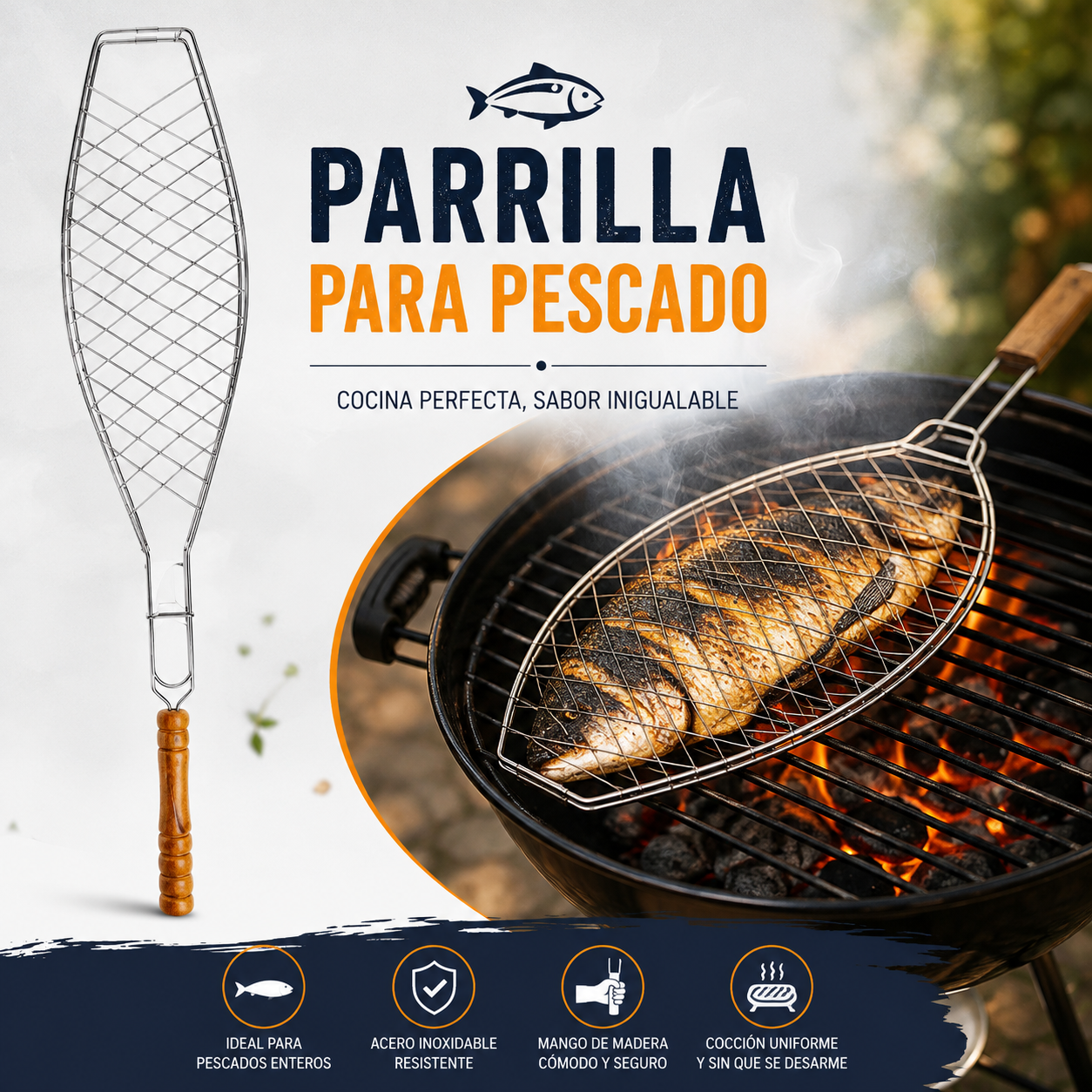Parrilla para Pescado Entero 61cm con Mango de Madera – Acero Inoxidable | BBQ | Barbacoa | Asar | 741-1412086