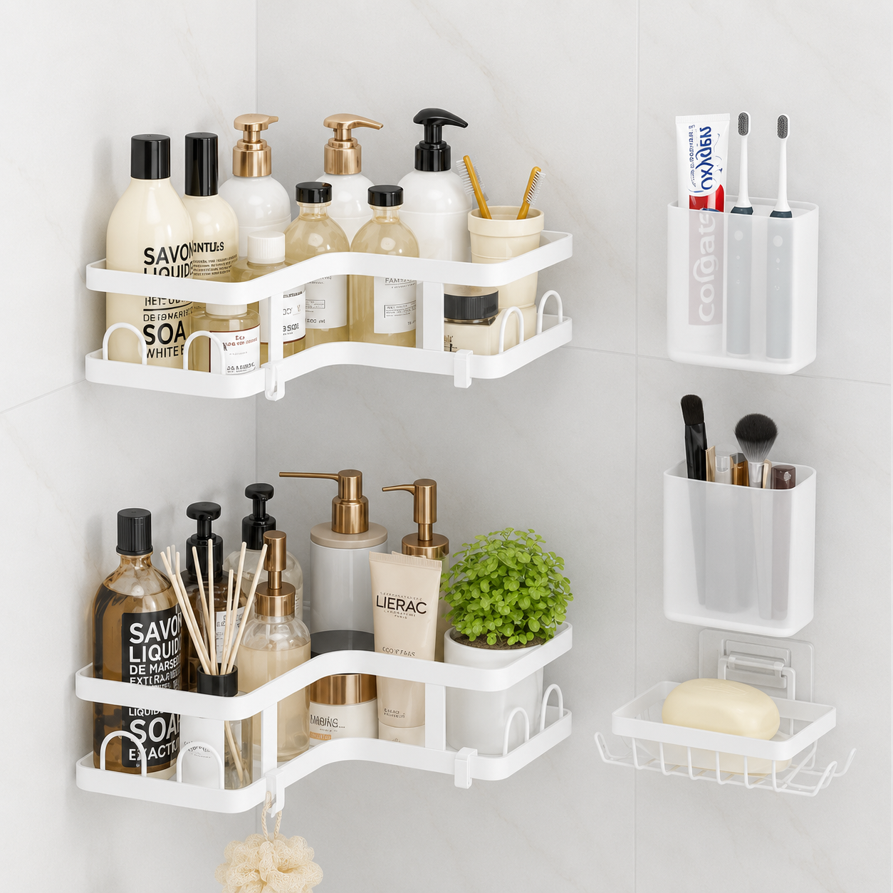 Organizador De Baño Esquinero Doble De Acero Inoxidable. Set De Repisas De Ducha Con Ganchos Adhesivos Sin Perforación (5 Unds). Incluye Ganchos Y 2 Porta Cepillos Y 1 Jabonera. Color Blanco UN-X057
