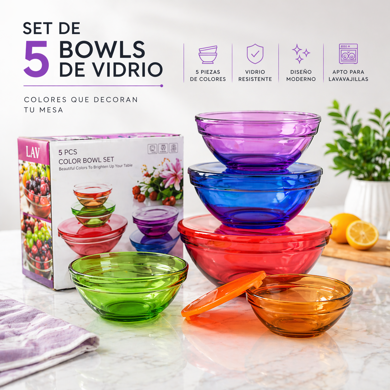 Set 5 Bowls Tazón Envase de Vidrio con Tapa de Colores 10244 Selecto