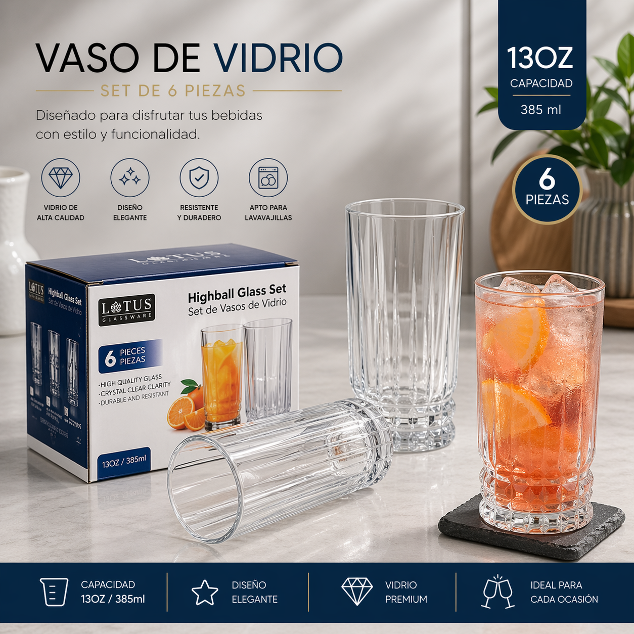 (LLEGANDO 5 DE MAYO) Set 6 Vasos de Vidrio 13oz Transparente Lotus LHC-B108113