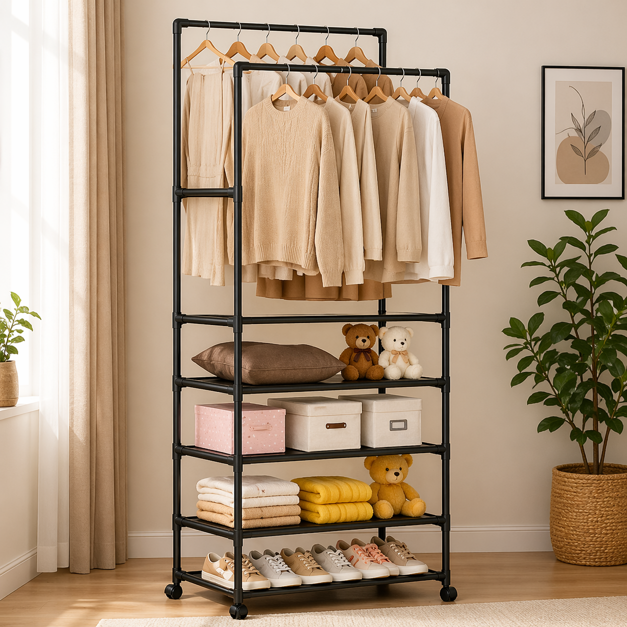 (LLEGANDO 5 DE MARZO) Perchero Tendedero de Ropa Multifuncional Moderno Negro con Rueditas 185x56x30cm FSK10949