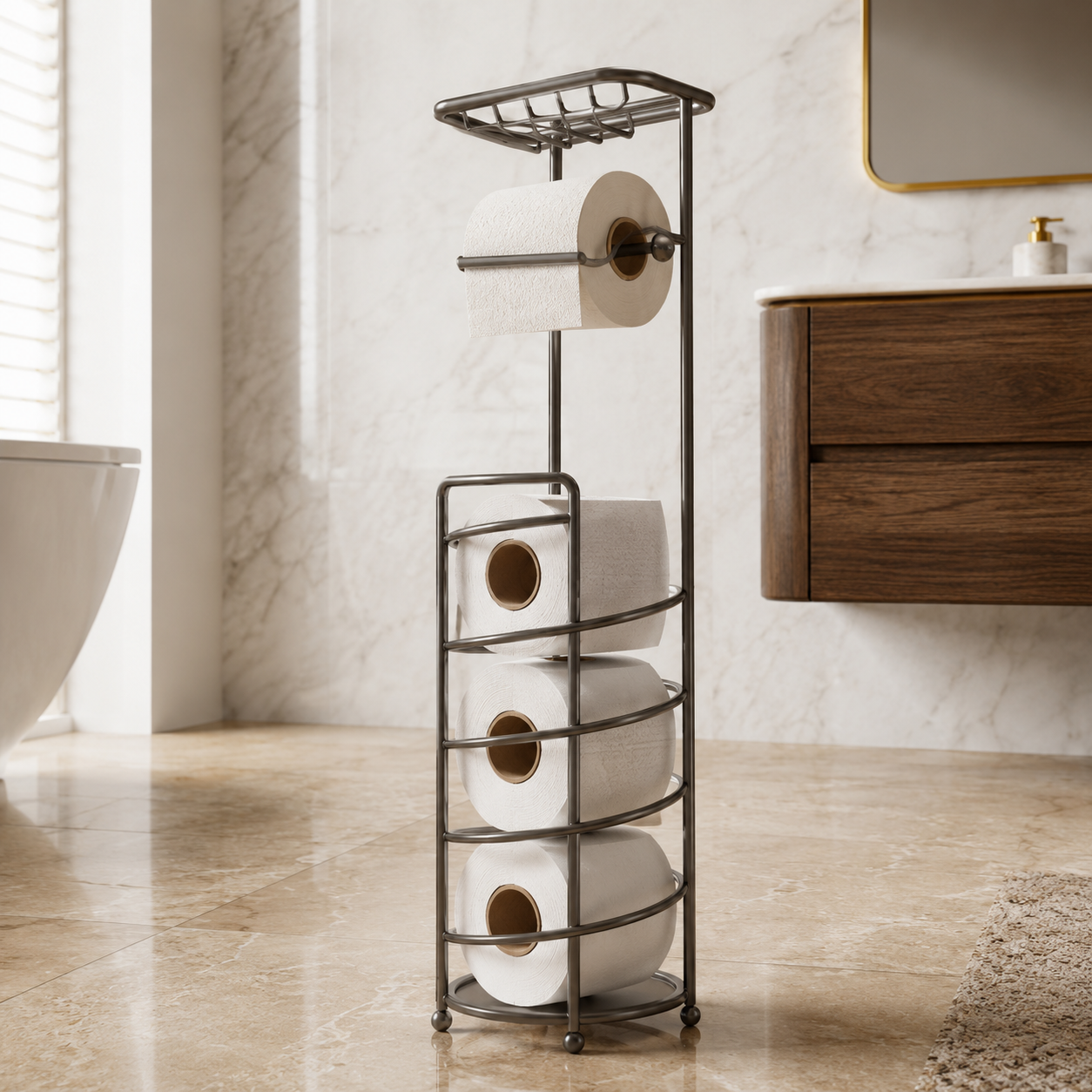 (LLEGANDO 7 DE AGOSTO) Portarrollos de Papel Higiénico con Organizador | Soporte de Piso para Baño con Almacenamiento | KPL-420R