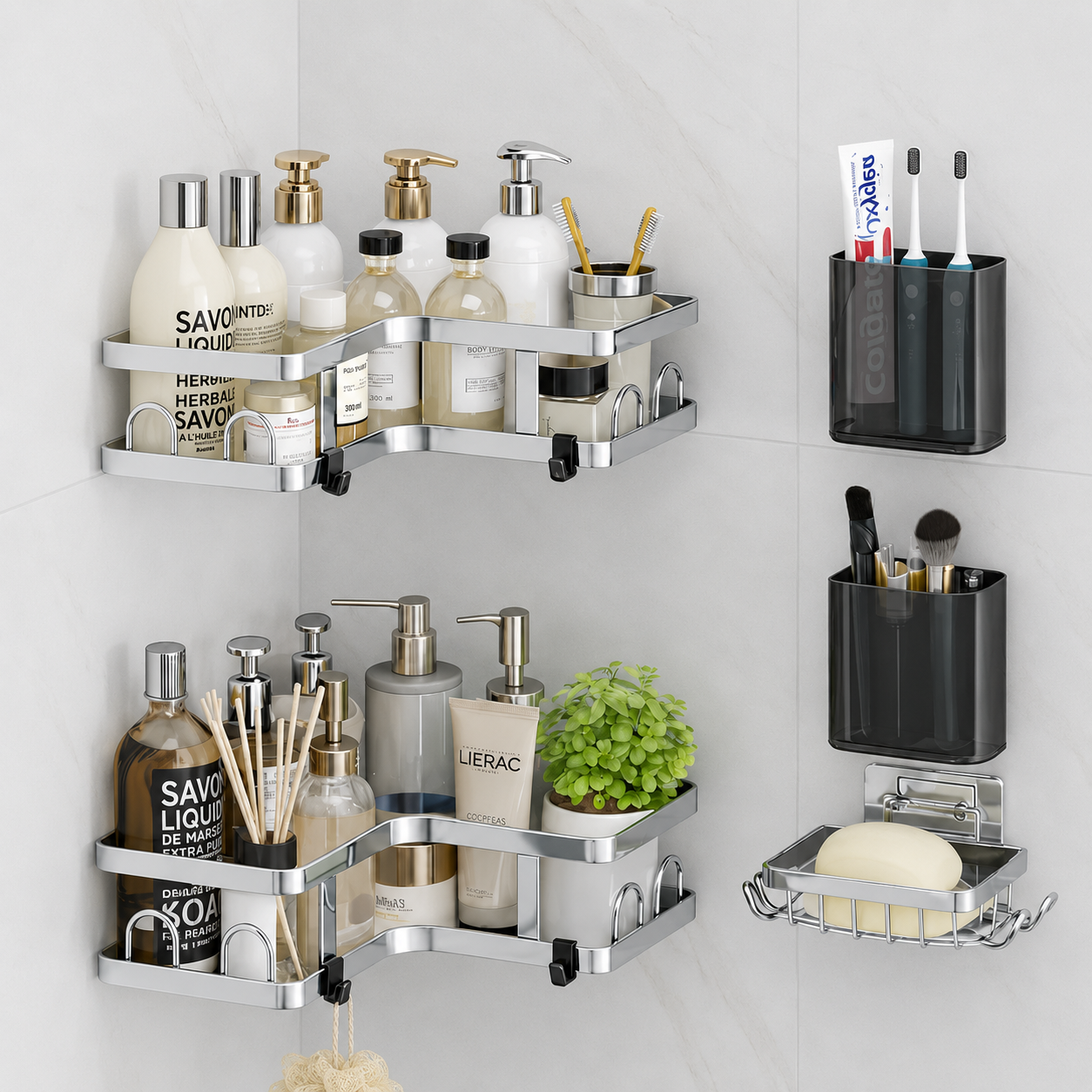 Organizador De Baño Esquinero Doble De Acero Inoxidable. Set De Repisas De Ducha Con Ganchos Adhesivos Sin Perforación (5 Unds). Incluye Ganchos Y 2 Porta Cepillos Y 1 Jabonera. Color Plateado UN-X058