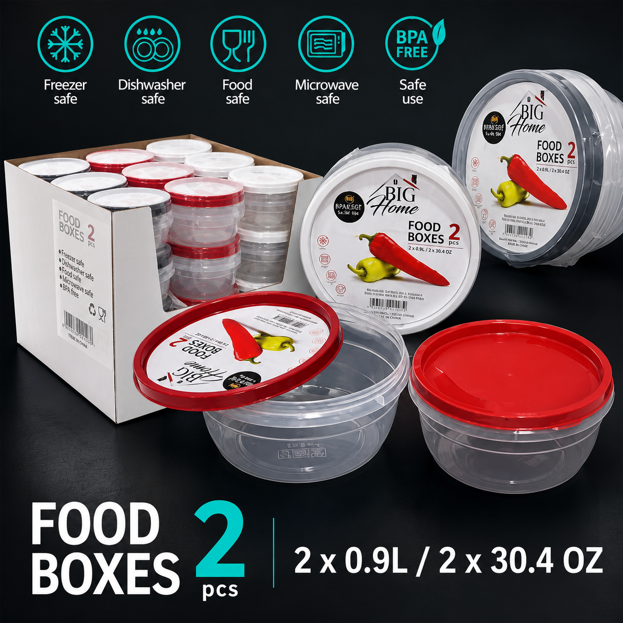 Set de 2 Vasijas Plásticas Redondas con Tapa 0.90L Big Home BG-TLT-015 | Recipientes para Conservar Alimentos Libre de BPA