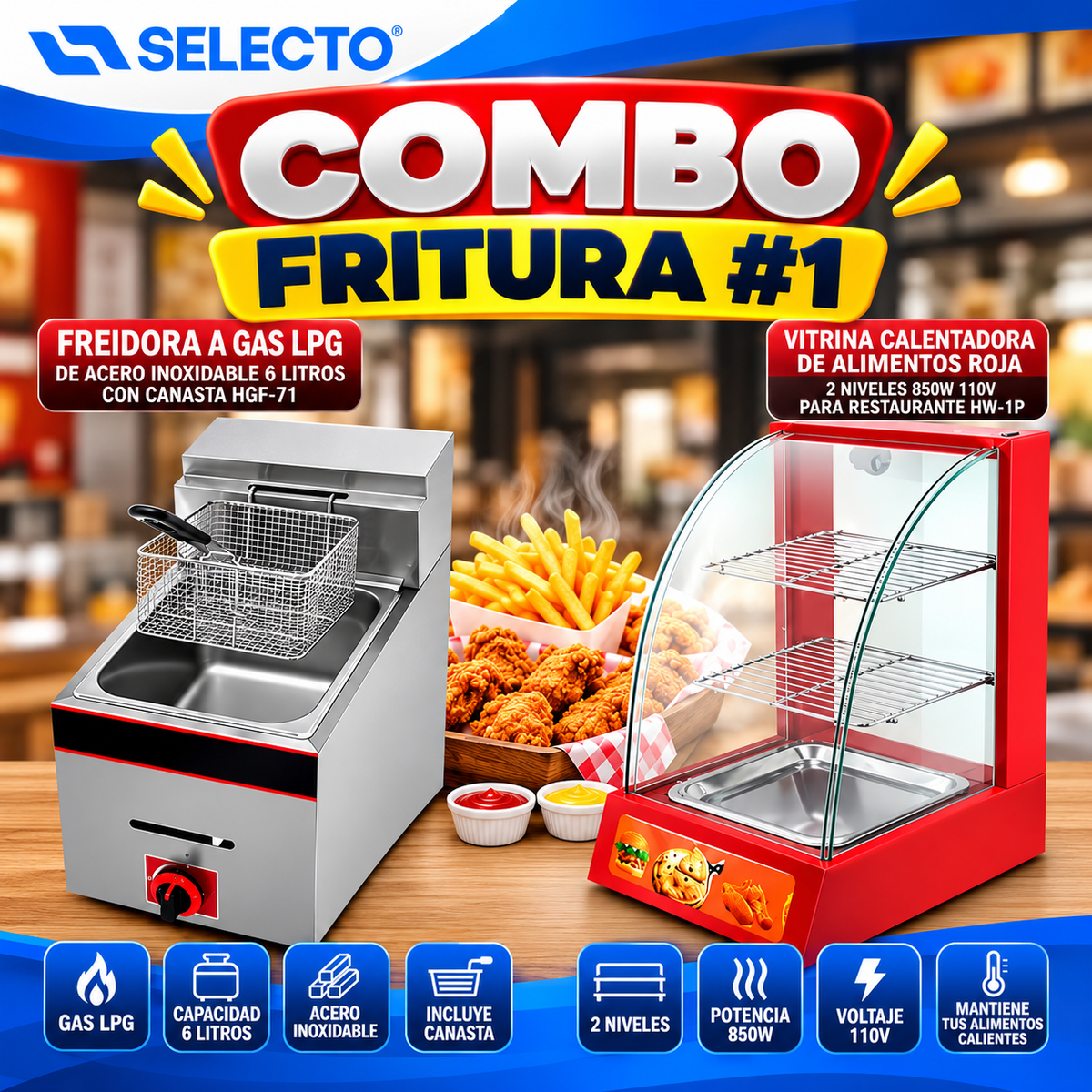COMBO FRITURA #1 – Freidora Industrial a Gas LPG de 6 Litros HGF-71 + Vitrina Calentadora de Alimentos Roja de 2 Niveles HW-1P