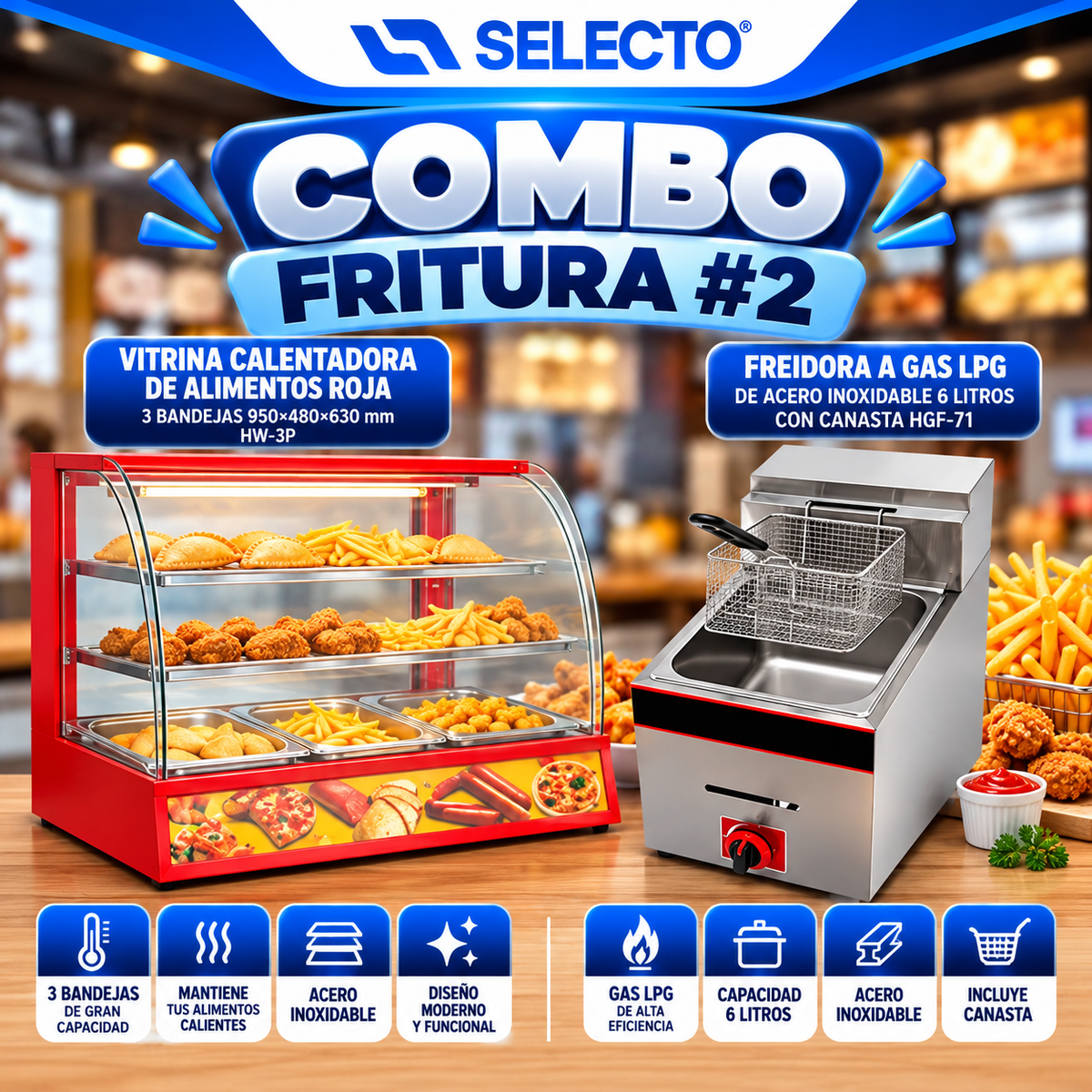 COMBO FRITURA #2 – Freidora Industrial a Gas LPG de 6 Litros HGF-71 + Vitrina Calentadora de Alimentos Roja de 2 Niveles 95cm HW-3P
