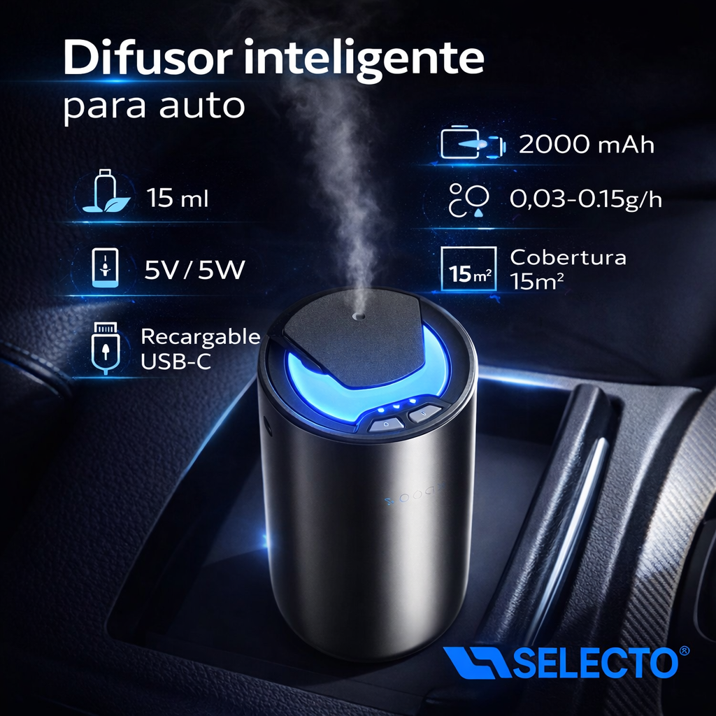 Difusor de Aromas de Aceites Esenciales para Carro Recargable Cobertura 15m2 Negro A613-V2.0