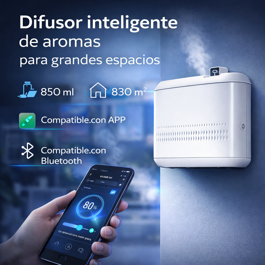 Difusor de Aromas de Aceites Esenciales Industrial Eléctrica Capacidad 850ml Cobertura 830m2 Blanco Compatible con APP Móvil y Bluetooth A305L