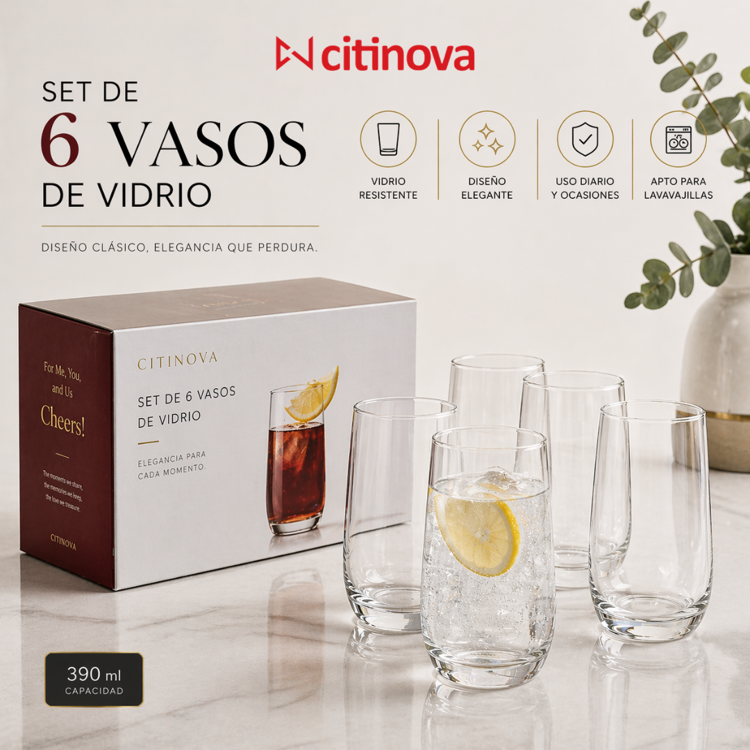 Set 6 Vasos de Vidrio 390ml Akari Citinova BW-158-14 Citinova