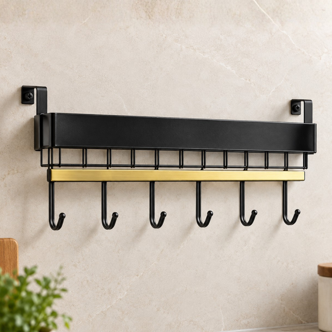 Colgador de Pared Metálico Negro con 6 Ganchos para Cocina y Hogar LHC-7676