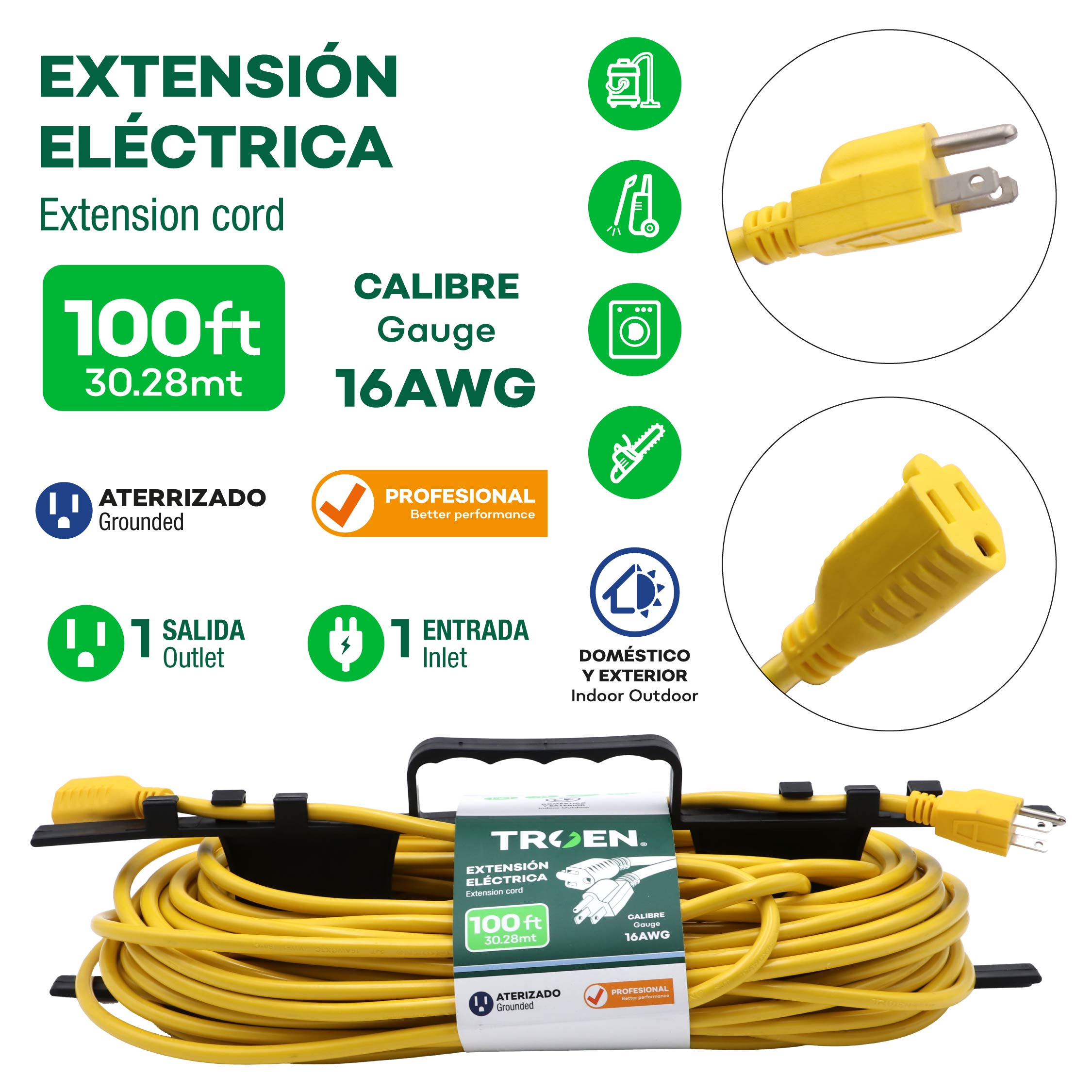 (LLEGANDO 5 DE MAYO) Extensión Eléctrica 30m/100pies TROEN E0701-100FT