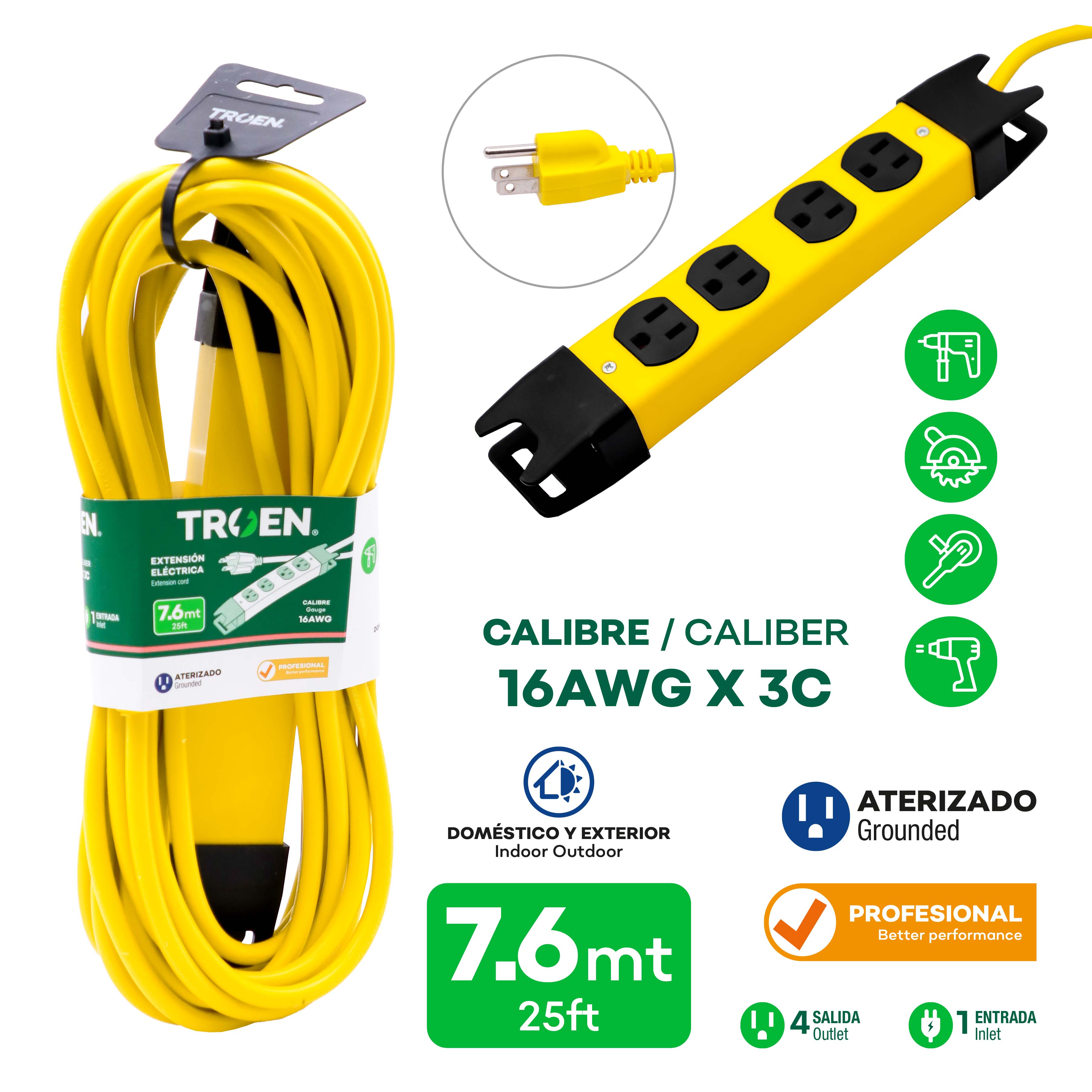 Extensión Regleta Eléctrica 4 Contactos 7.6mt TROEN E0702-25FT TROEN