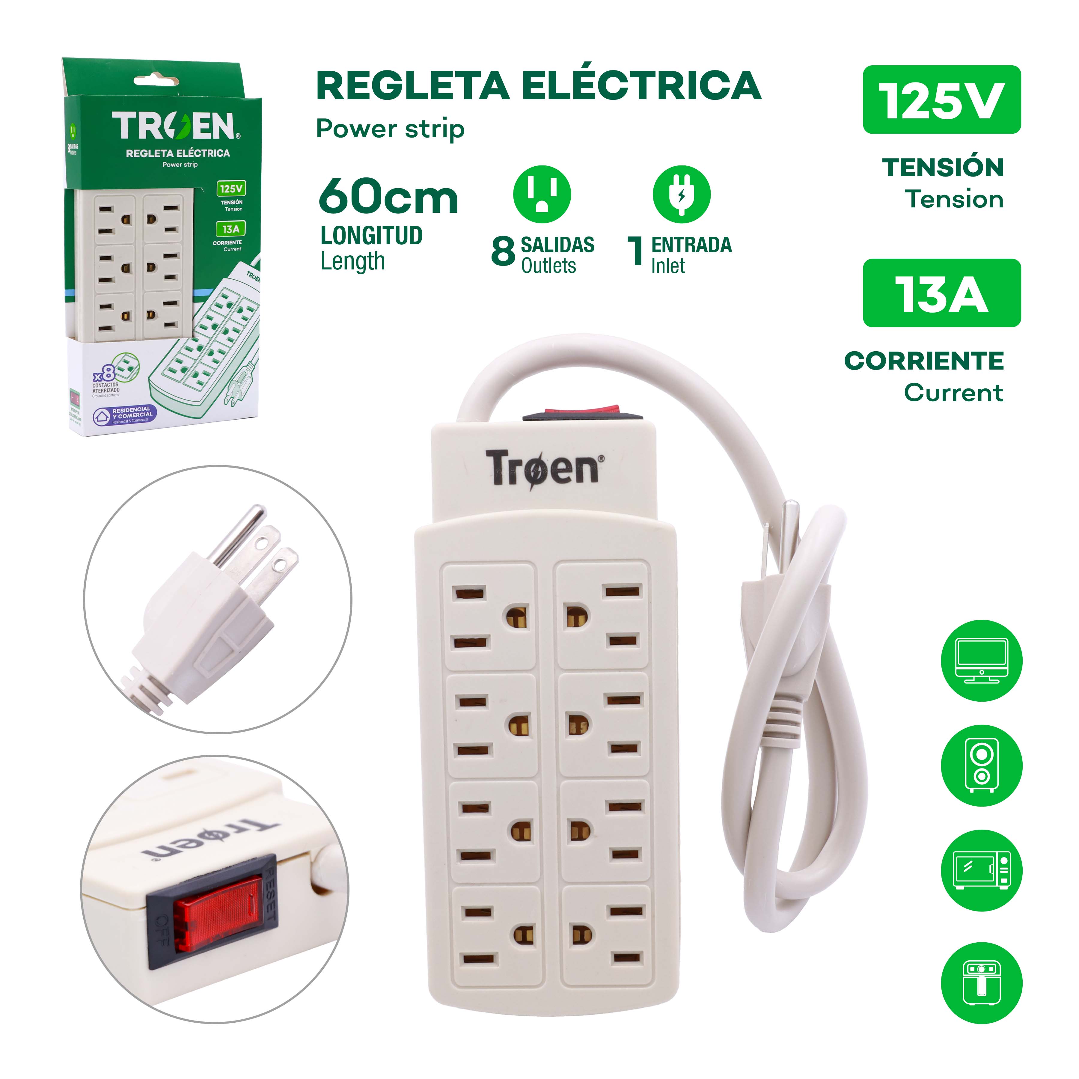 Regleta Eléctrica 8 Capacidades TROEN ETR-H1401