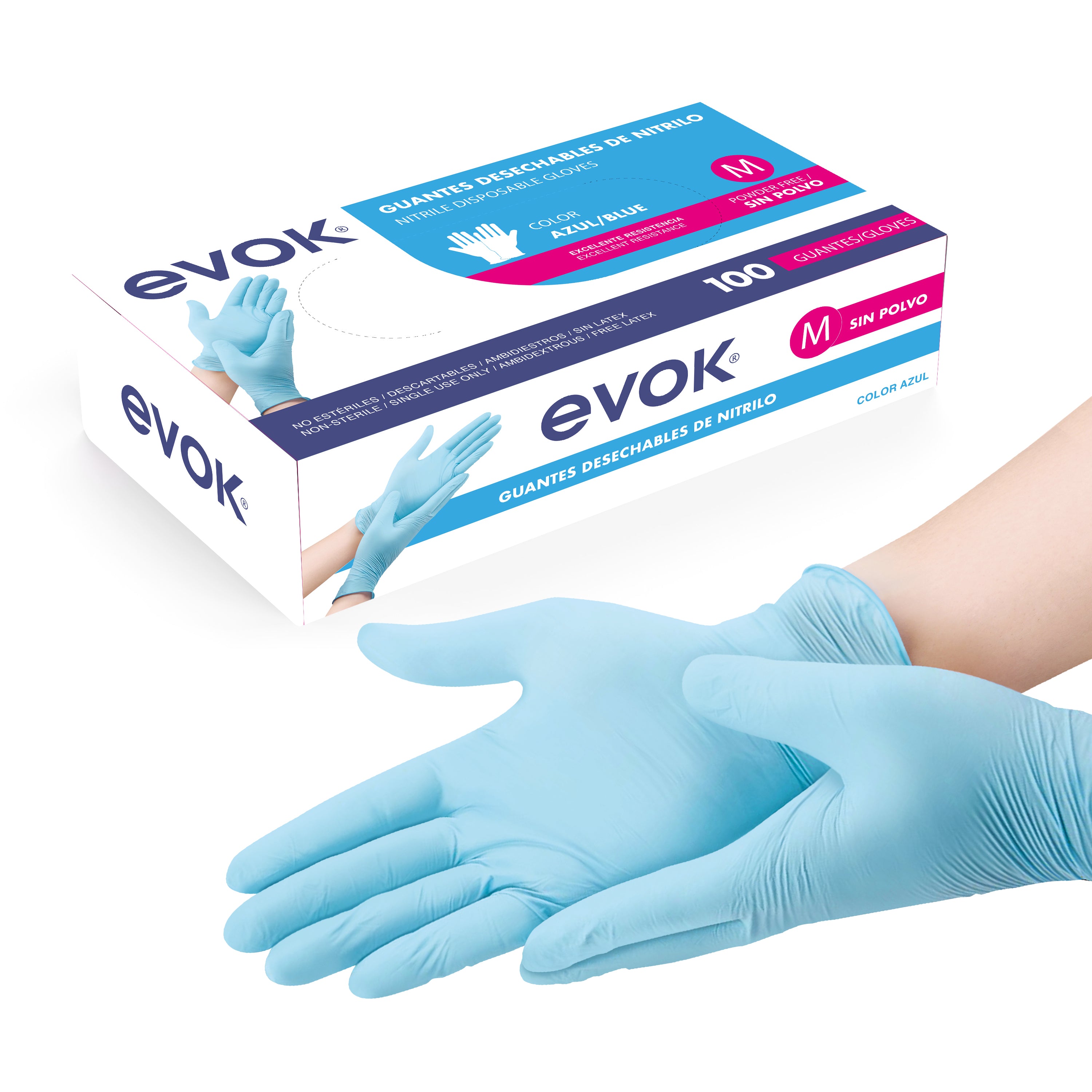 Guantes Desechables de Nitrilo EVOK Talla M Azul | Caja de 100 Unidades | Sin Polvo y Libre de Látex EV-NT-M-BU