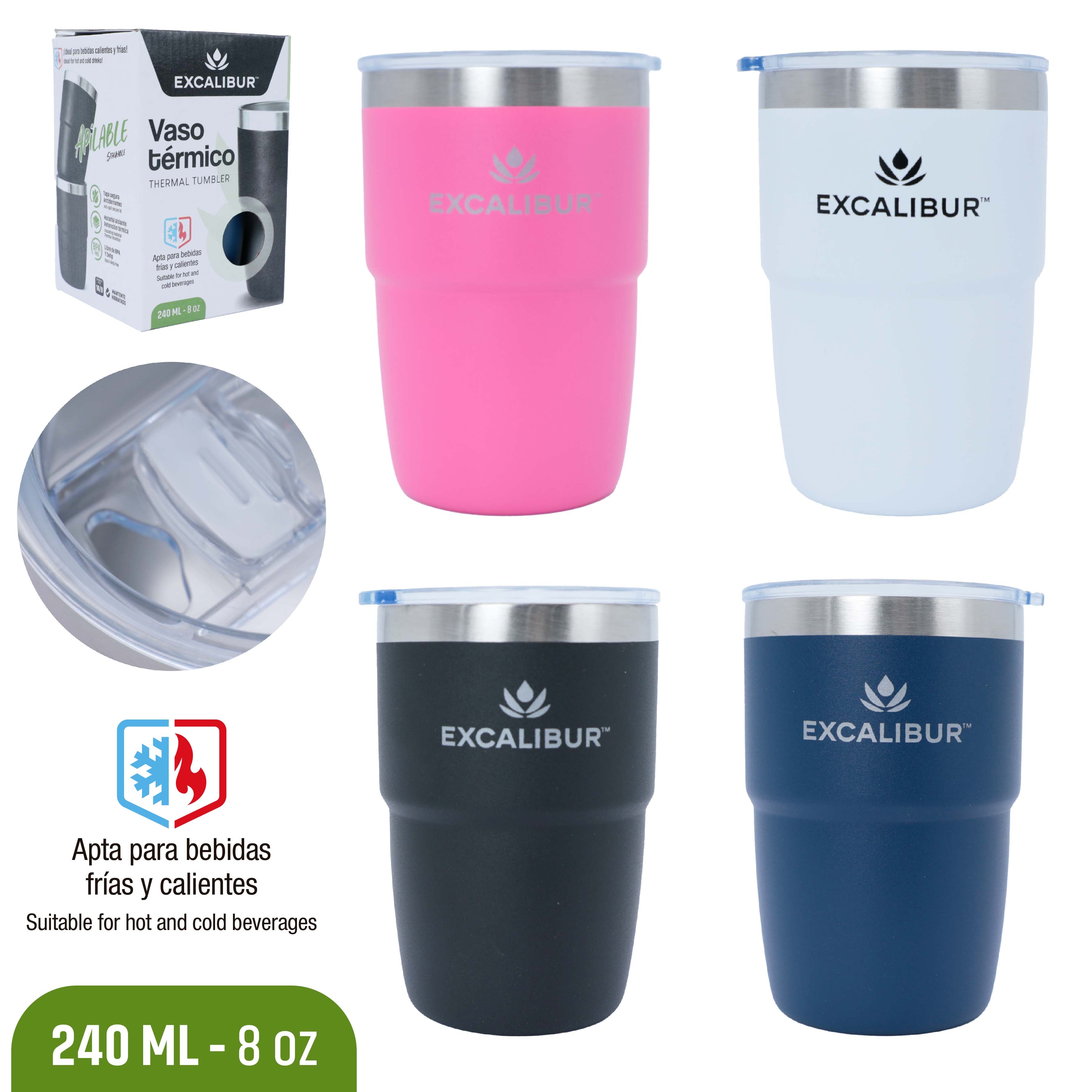 Vaso Térmico Excalibur 240 ml (8 oz) con Tapa | Acero Inoxidable para Bebidas Frías y Calientes | EX-BD25240