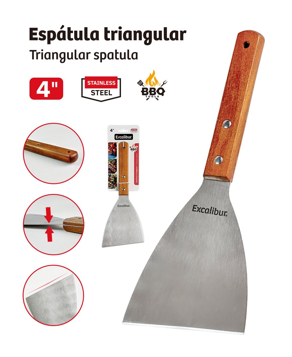 Espátula Triangular de Acero Inoxidable con Agarre de Madera 4" Excalibur EX-BQ2510-SP