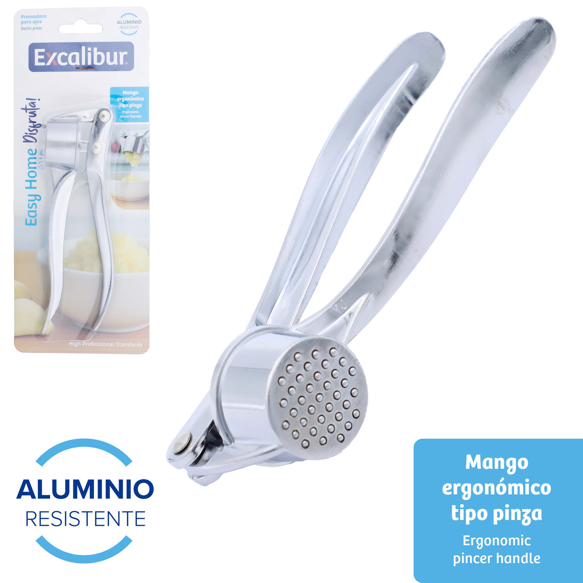 Prensadora de Ajos Manual de Aluminio con Mango Ergonómico Tipo Pinza Excalibur EX-GP131