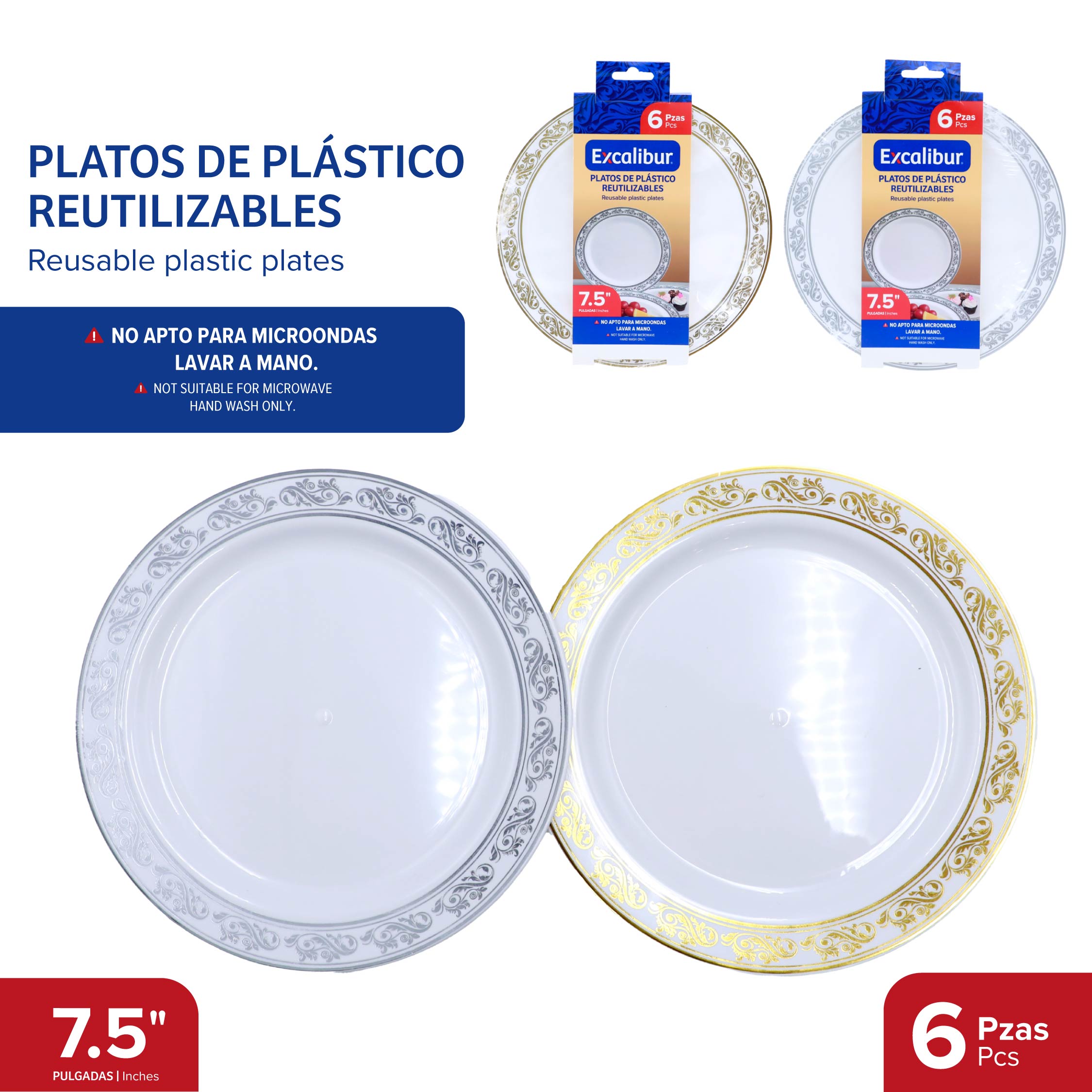 (LLEGANDO 5 DE JUNIO) PT. de 6 Platos Reutilizables 7.5" Excalibur EX-PTC-1026-6