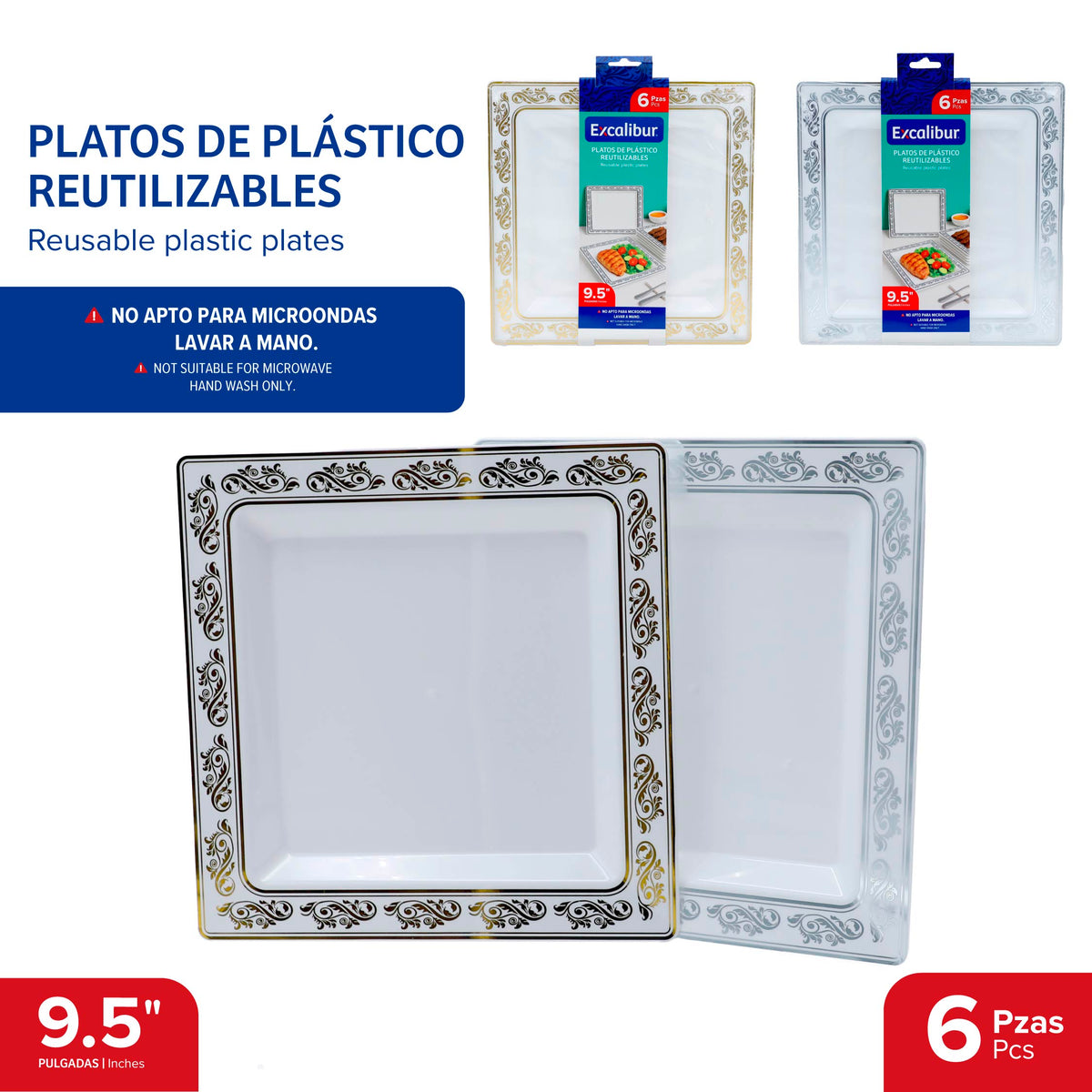 (LLEGANDO 25 DE SEPT) Set de 6 Platos Cuadrados de Plástico Reutilizables 9.5" Excalibur EX-PTC-1029-6