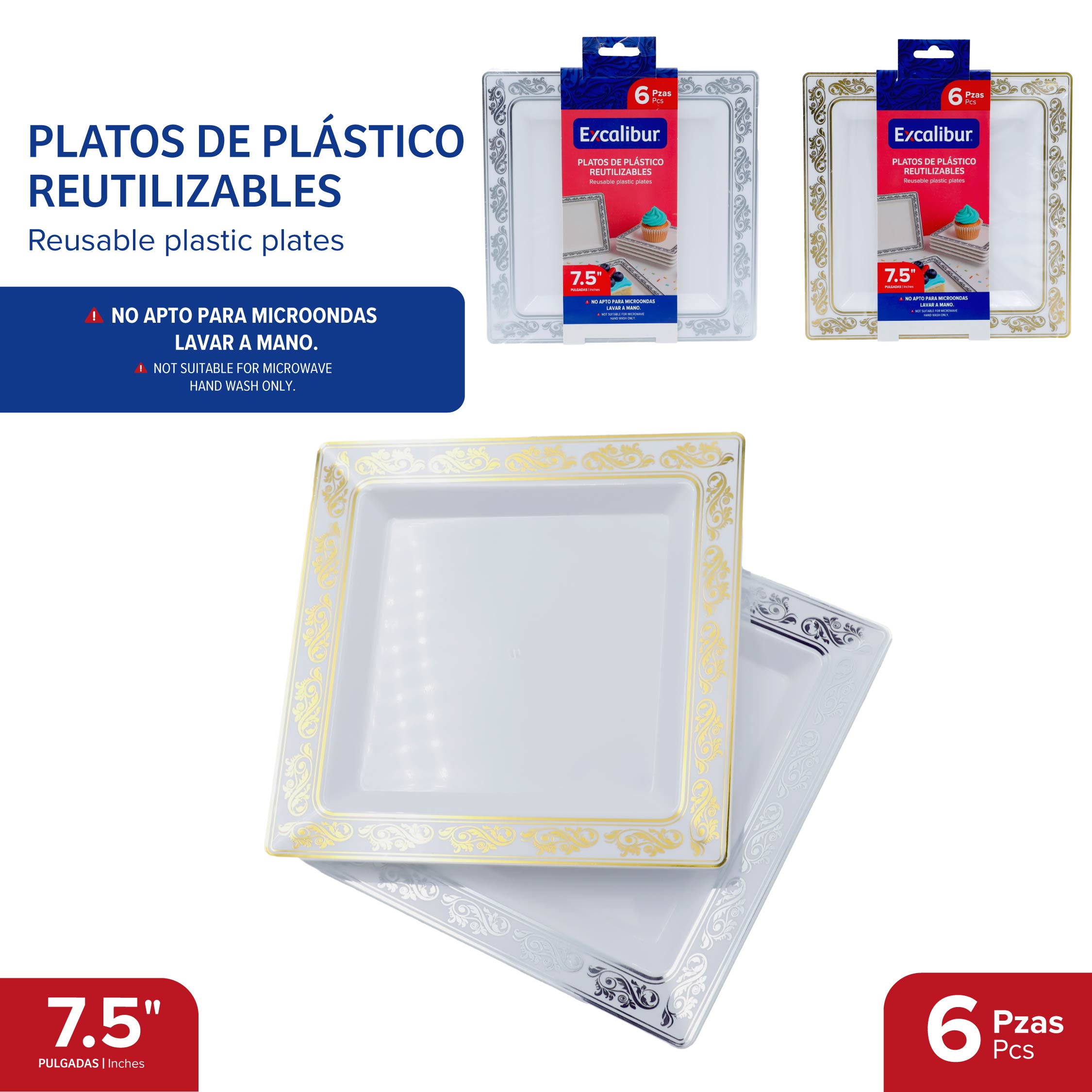 PT. de 6 Platos Reutilizables 7.5" Excalibur EX-PTC-1030-6