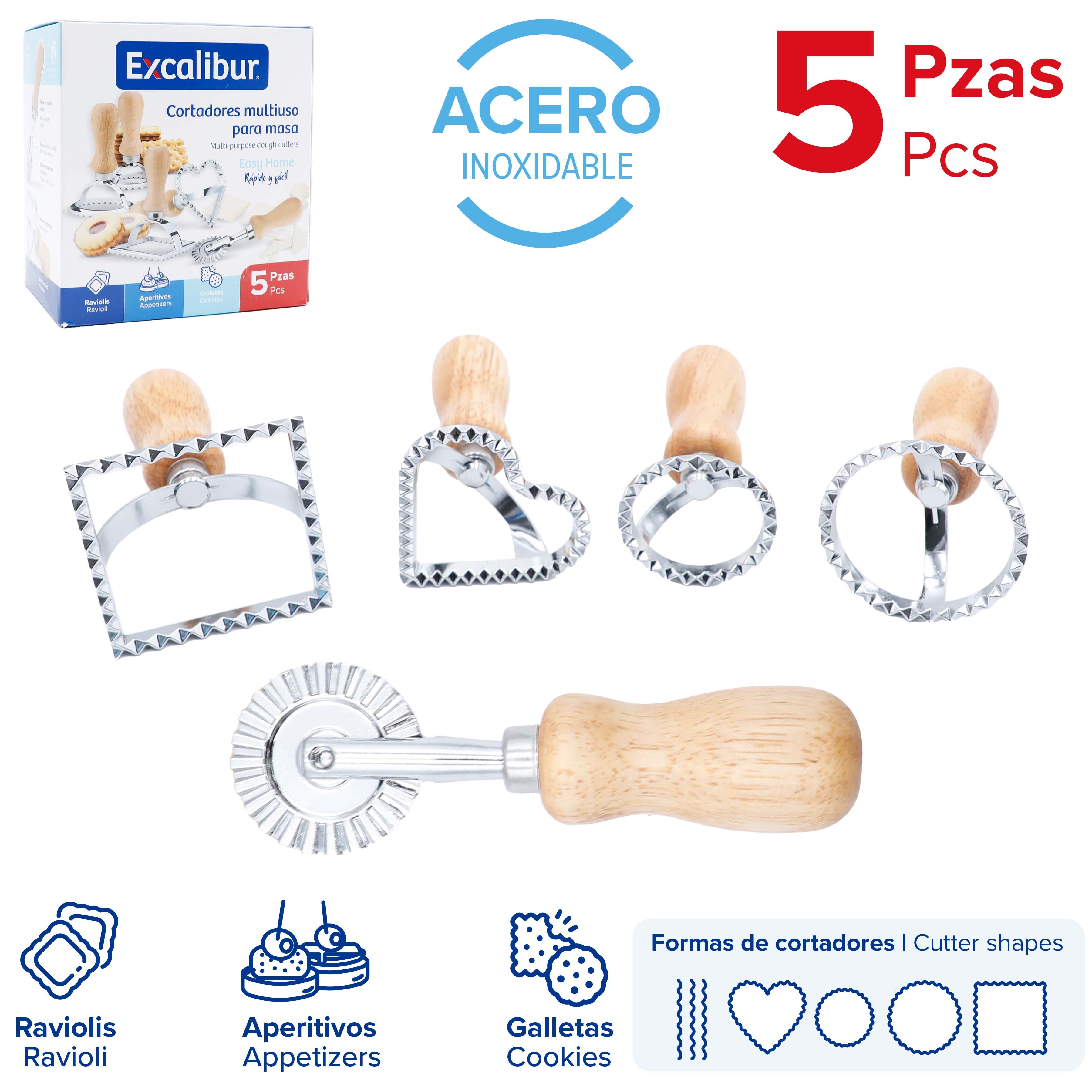 Juego Set 5 Piezas de Cortadores Para Masa Pasta en Acero Inoxidable Excalibur EX-S01-BK05