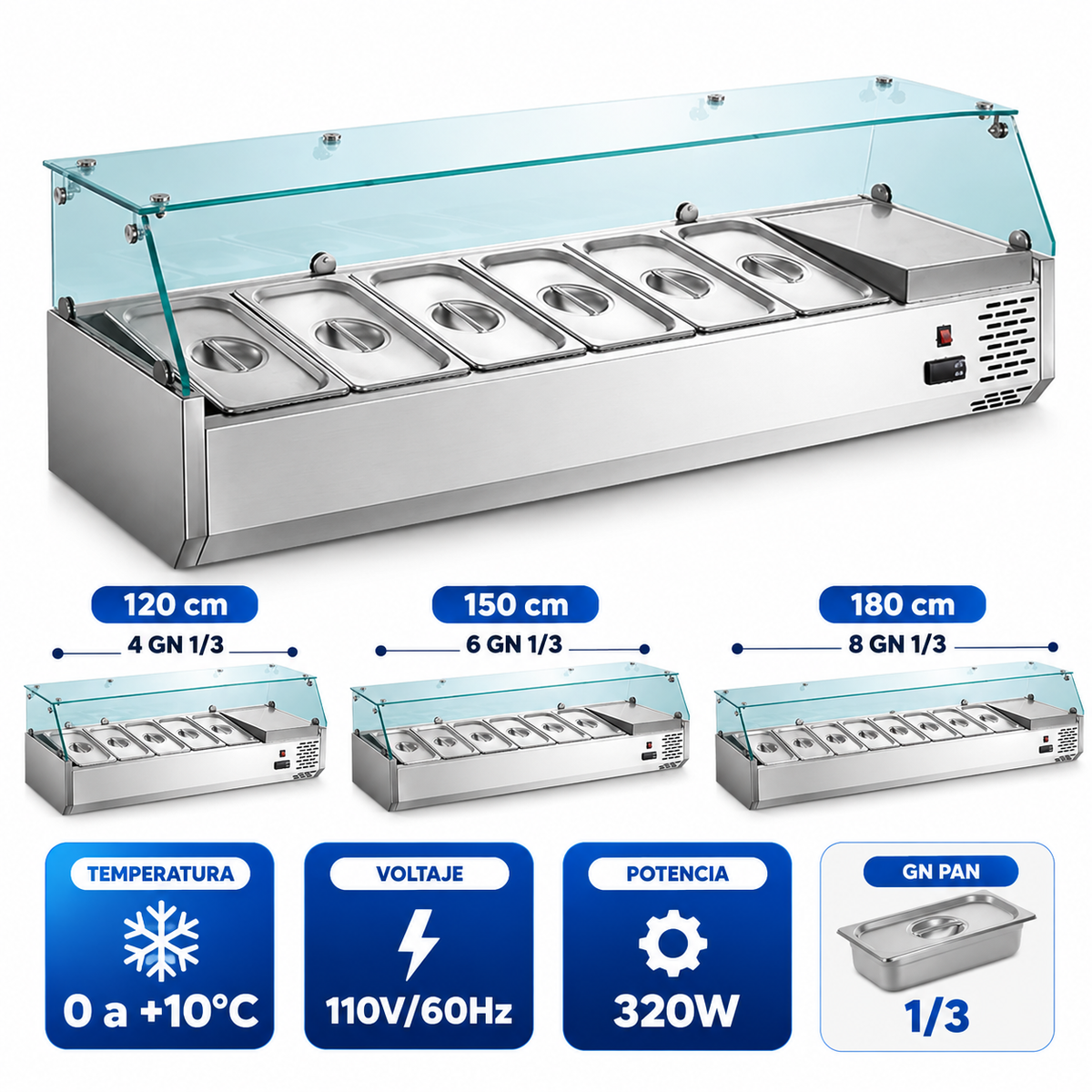 (LLEGANDO 15 DE NOVIEMBRE) Vitrina Baño María Refrigerada para Ingredientes y Ensaladas con Cubetas GN 1/3, Acero Inoxidable, 110V 3 Tamaños Disponibles – VRX1200-395 / VRX1500-395 / VRX1800-395