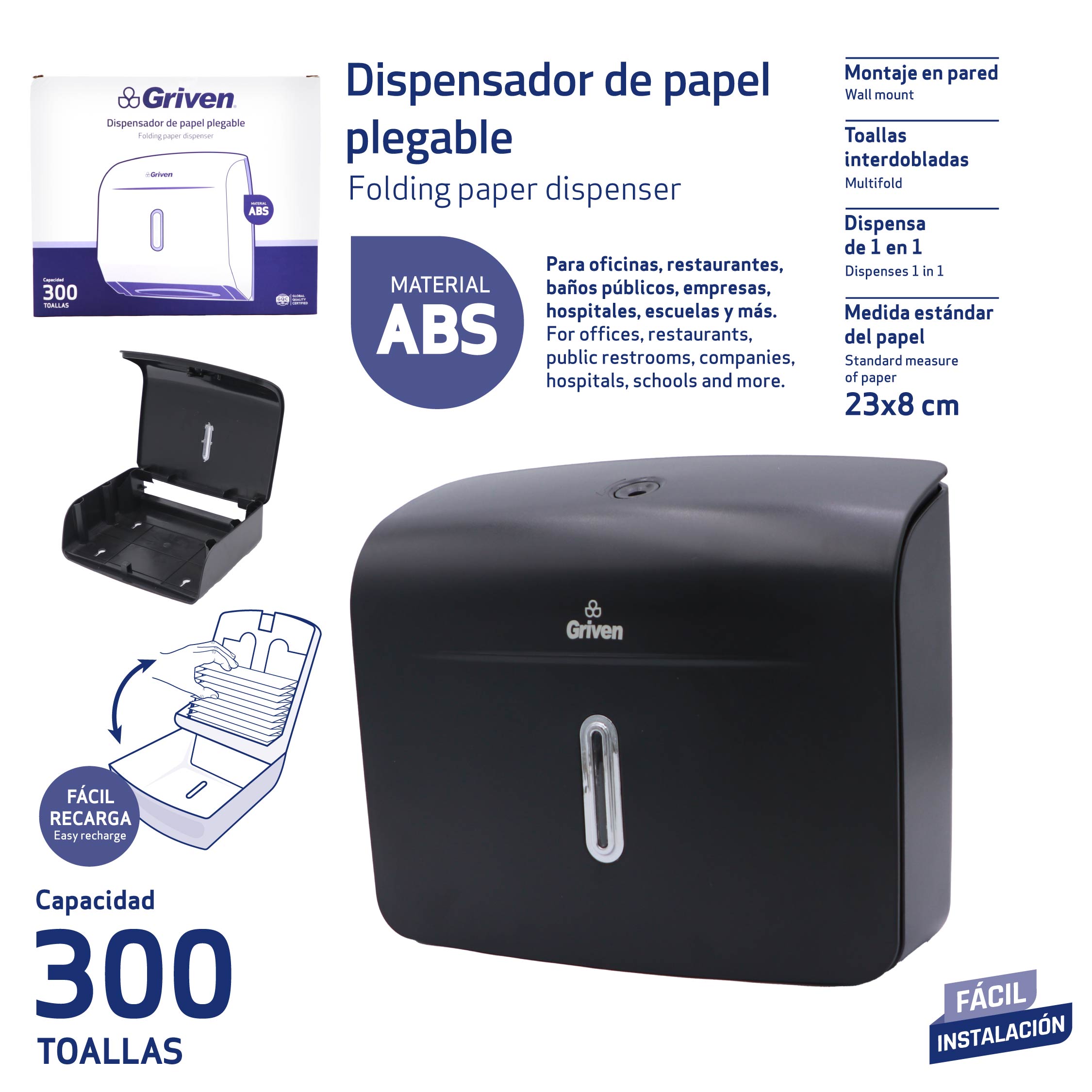 Dispensador de Papel Toalla Plegable Griven ABS para Montaje en Pared 300 Toallas GV-TIB-PB