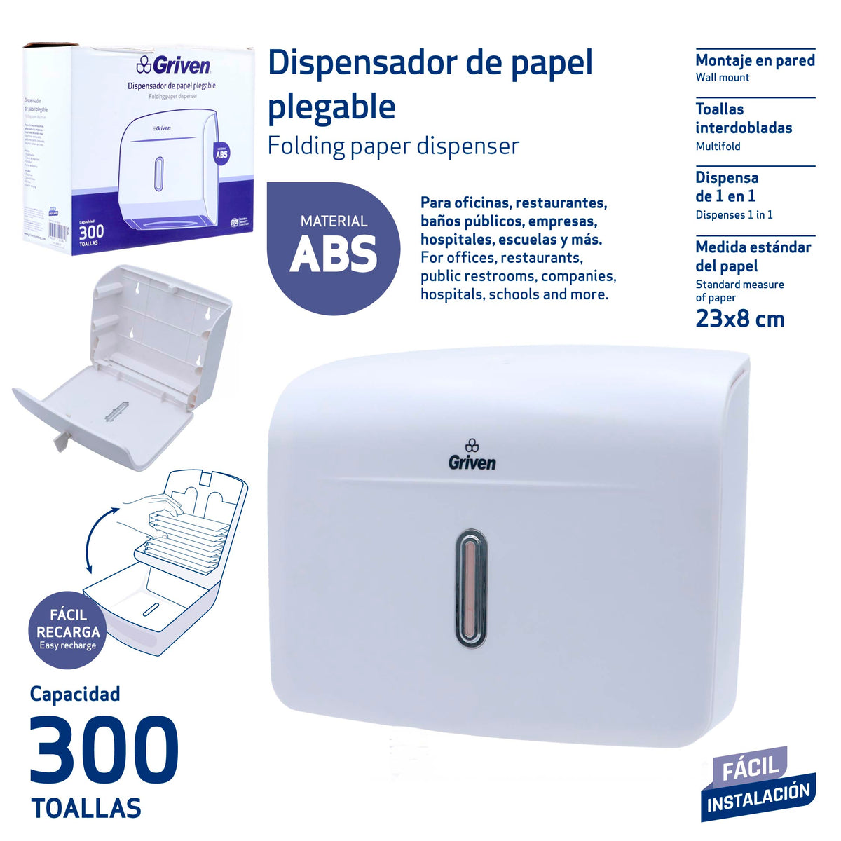 Dispensador de Toallas de Papel Interdobladas 300 Hojas ABS Blanco Griven GV-TIB-PC