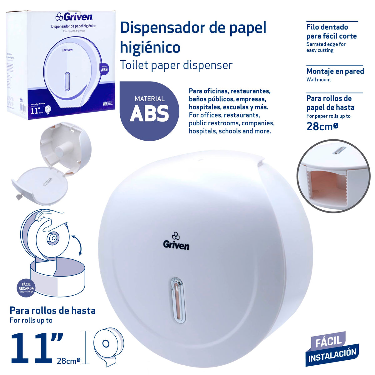Dispensador de Papel Higiénico Griven ABS Blanco para Rollo de 11" | GV-TOB-PC