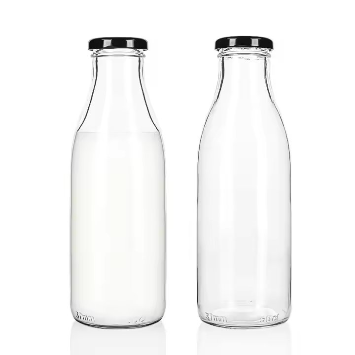 Botella de Vidrio 1000 ml con Tapa Negra para Leche, Agua y Jugos AJ-12594