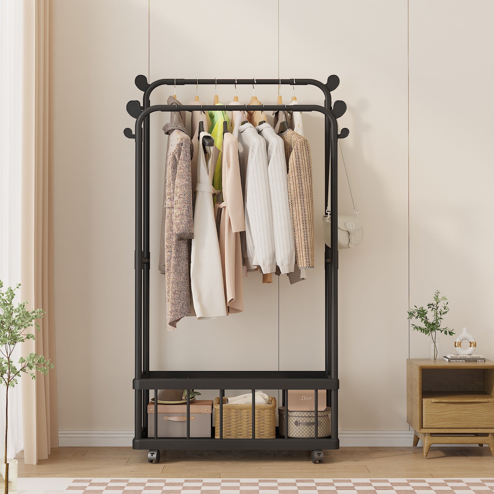 (LLEGANDO 27 DE MARZO) Perchero Tendedero de Ropa Multifuncional Moderno Negro con Rueditas 71x61x29.3cm FSK10945