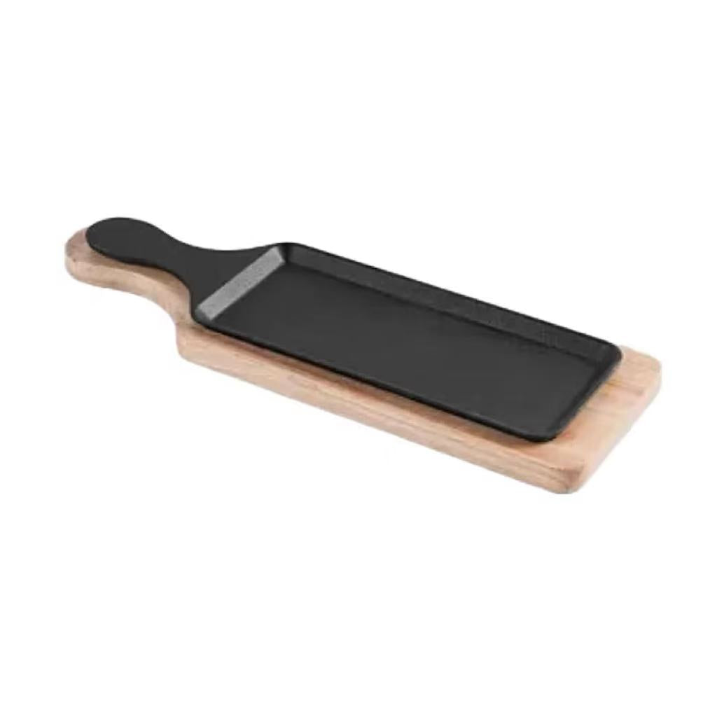 (LLEGANDO 7 DE AGOSTO) Plancha Grill de Hierro Fundido con Base de Madera 45 x 12 cm | Bandeja para Servir y Cocinar | 41502