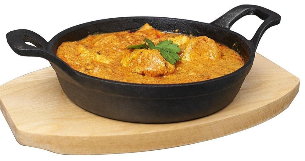 (LLEGANDO 7 DE AGOSTO) Sartén Bandeja Cacerola Redondo de Hierro Fundido 19 cm con Base de Madera | Para Servir y Cocinar | 41504