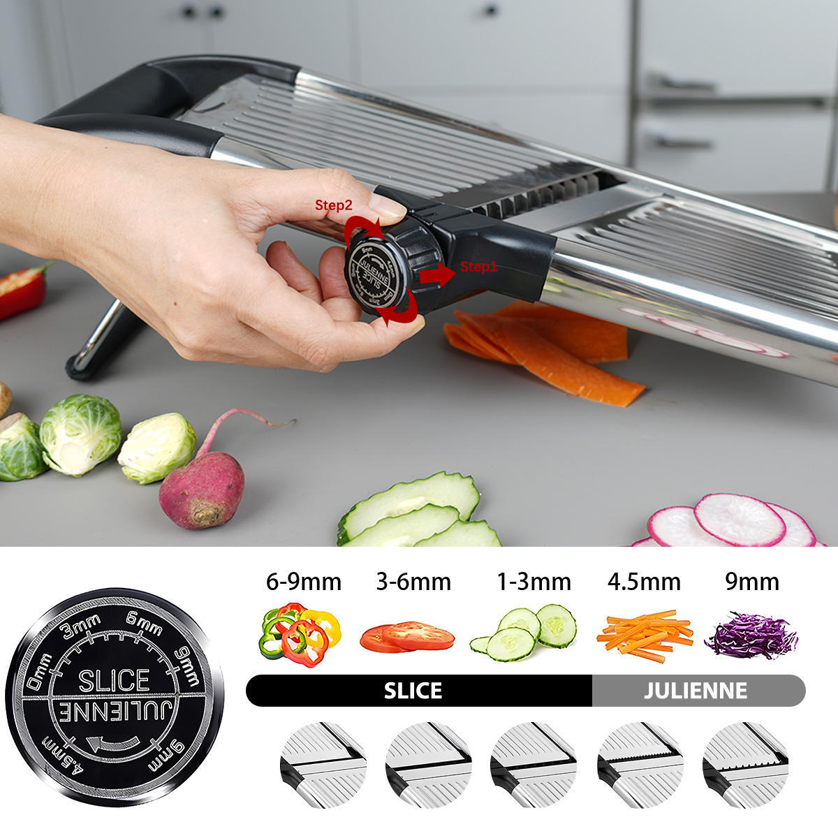 (LLEGANDO 30 DE SEPT) Mandolina Cortadora Profesional de Acero Inoxidable 304 – Rebanador Ajustable para Vegetales 41.5×13.5cm  W1027