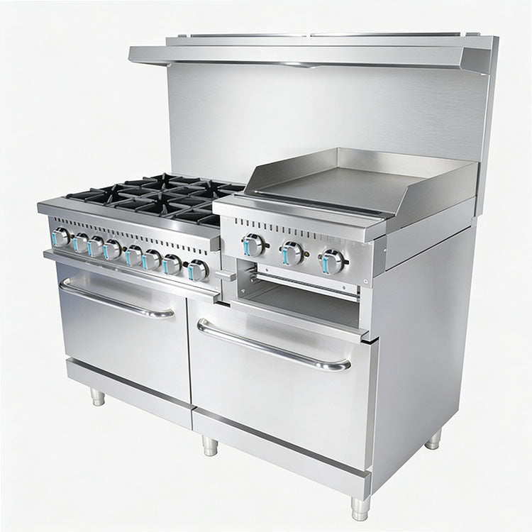 (LLEGANDO 15 DE SEPTIEMBRE) Estufa Industrial a Gas de 6 Quemadores con Plancha de 24", Salamandra y Doble Horno | Equipo de Cocina 4 en 1 | HSD-B60-G24S